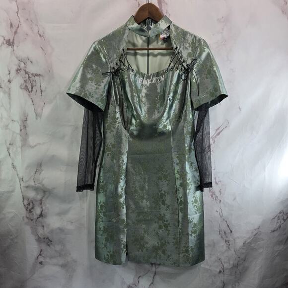 Mukzin Dress Womens Small Green Black Satin Brocade Sparkle Mesh Sleeve